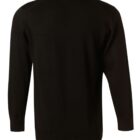 Black long-sleeve sweater viewed from the back.