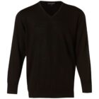 Black V-neck sweater with long sleeves on a white background.