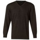 Dark gray V-neck sweater with long sleeves on a white background.