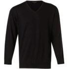 Plain black V-neck sweater on a white background.
