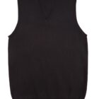 Black sleeveless knit sweater vest with a V-neck.