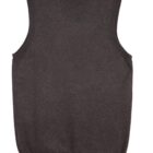 Sleeveless dark gray knitted vest laid flat, back view.