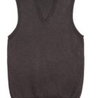 Dark gray sleeveless V-neck sweater vest against a white background.
