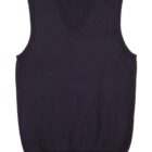 Dark navy blue V-neck sleeveless sweater vest displayed on a white background.