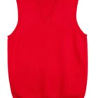 Red sleeveless V-neck sweater on a white background.