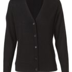Black buttoned cardigan on a white background.