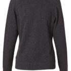 Back view of a dark gray sweater with long sleeves and a round neckline.