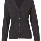 Dark gray V-neck cardigan with buttons, on white background.