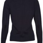 Back view of a plain long-sleeve black sweater on a white background.
