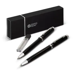 A set of customised black metal pens