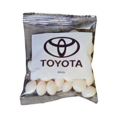 A clear packet of mints with a Toyota logo and the word Mints on the label.