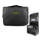 Gray travel toiletry bag, closed and open with compartments and a hook for hanging.
