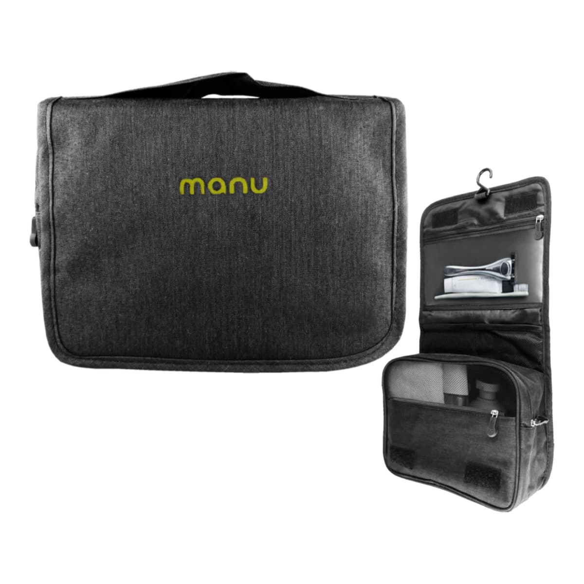 Gray travel toiletry bag, closed and open with compartments and a hook for hanging.
