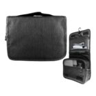 Black travel toiletry bag, closed and open, showing compartments with toiletries.