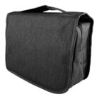 A black fabric messenger bag with a top handle and front flap.