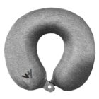 Gray U-shaped travel neck pillow with a small logo on the lower left side.