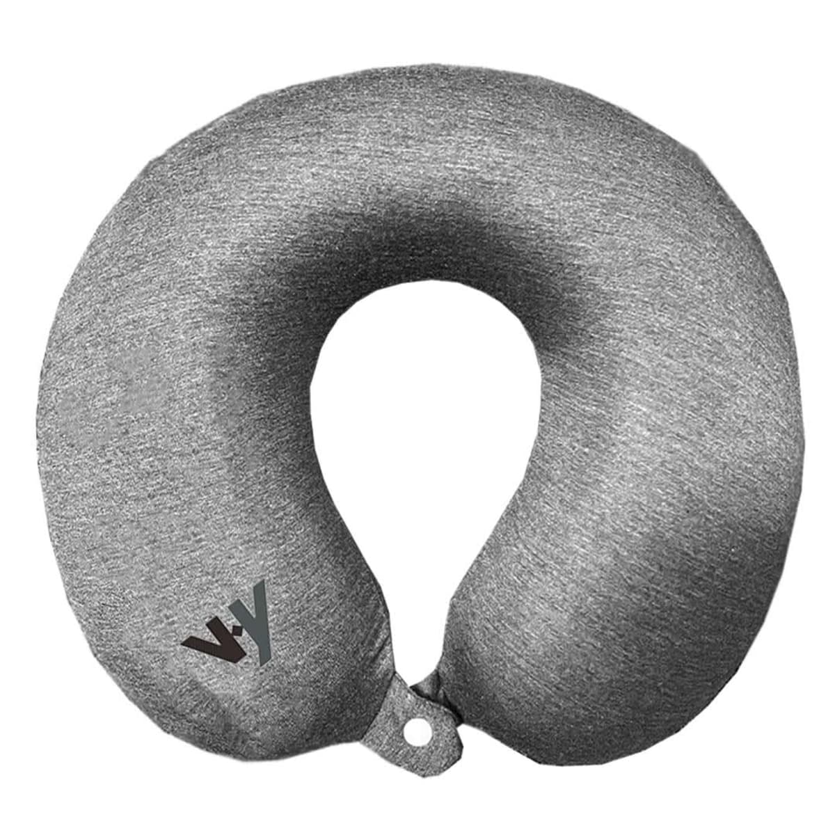 Gray U-shaped travel neck pillow with a small logo on the lower left side.