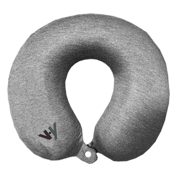 Gray U-shaped travel neck pillow with a small loop and a VY logo on the side.