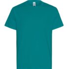 Plain teal short-sleeve crew neck t-shirt on a white background.