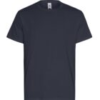 Plain black short-sleeve crew neck t-shirt on a white background.