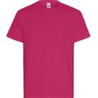 Plain bright pink short-sleeve t-shirt on a white background.