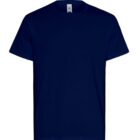 Plain navy blue short-sleeve t-shirt on a white background.