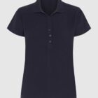 Short-sleeve, dark navy blue womens polo shirt with buttons down the front.