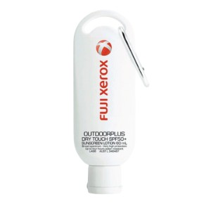 White Fuji Xerox sunscreen bottle with carabiner clip, SPF50+—busts common sunscreen myths.
