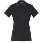 Black short-sleeve polo shirt with collar and buttons, displayed on a white background.