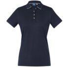 Navy blue short-sleeve polo shirt with a collar and button placket, front view.