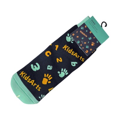 Vibrant childrens socks, showcasing numbers, letters, and handprints on quality materials.