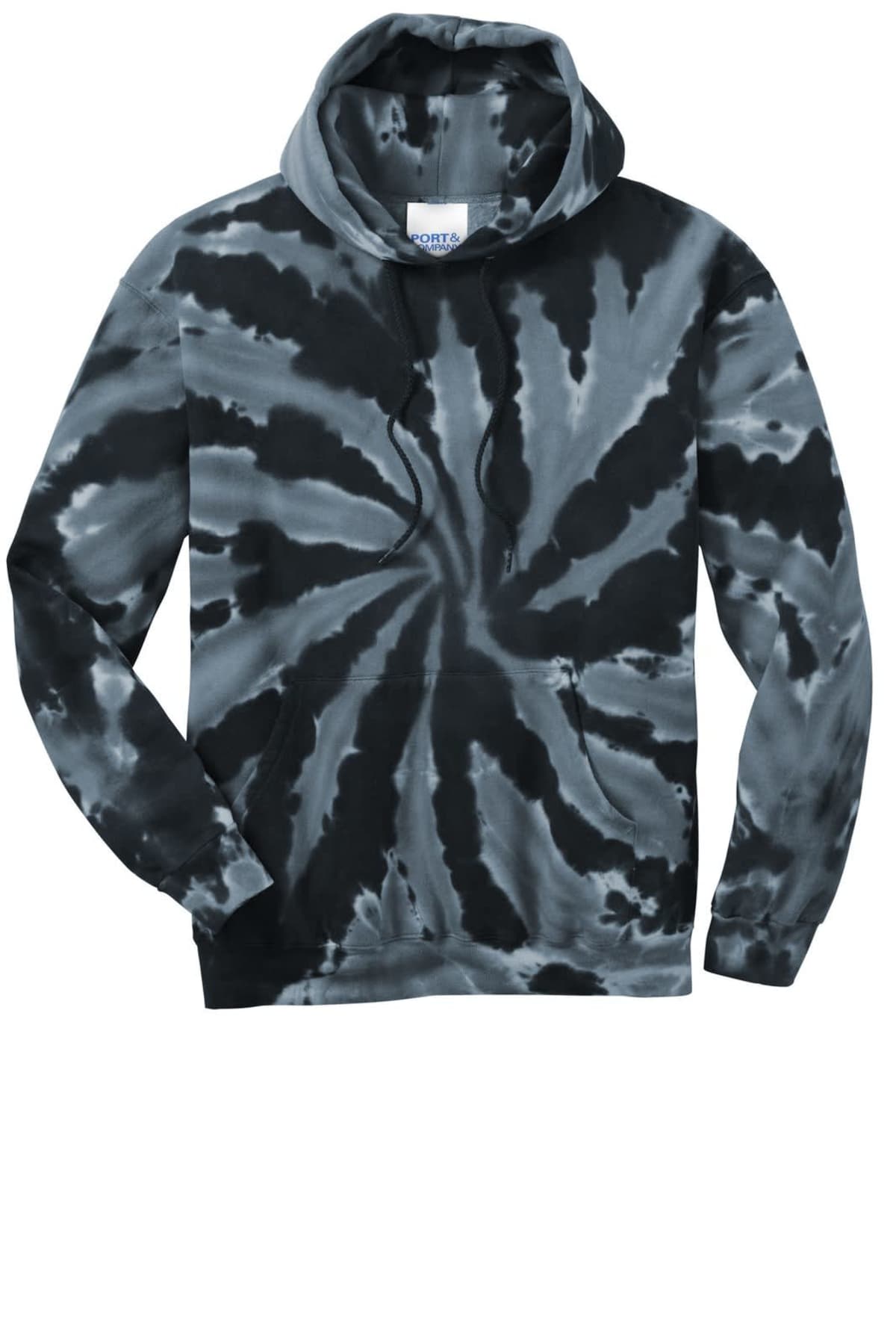 Black and gray tie-dye hoodie with a spiral pattern.