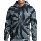 Smiling person wearing a black and gray tie-dye hoodie.