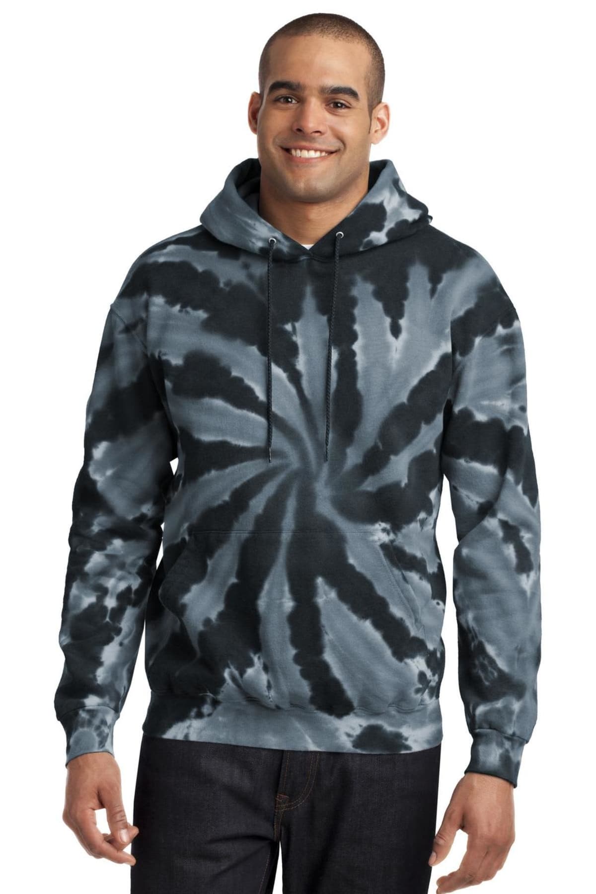 pc146-blk-2xl_full Person wearing a dark tie-dye hoodie and jeans, smiling.