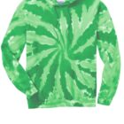 Green tie-dye hoodie with a spiral pattern and drawstrings.