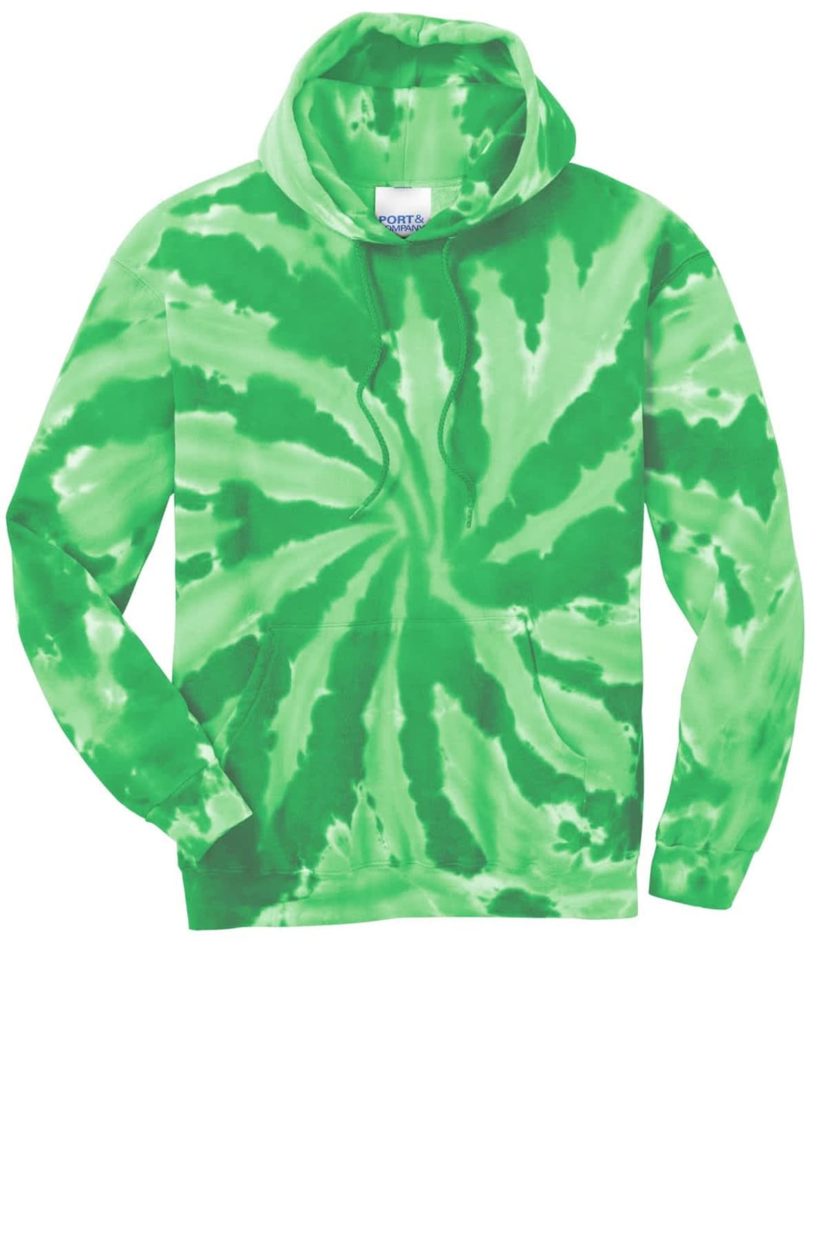 Green tie-dye hoodie with a spiral pattern and drawstrings.