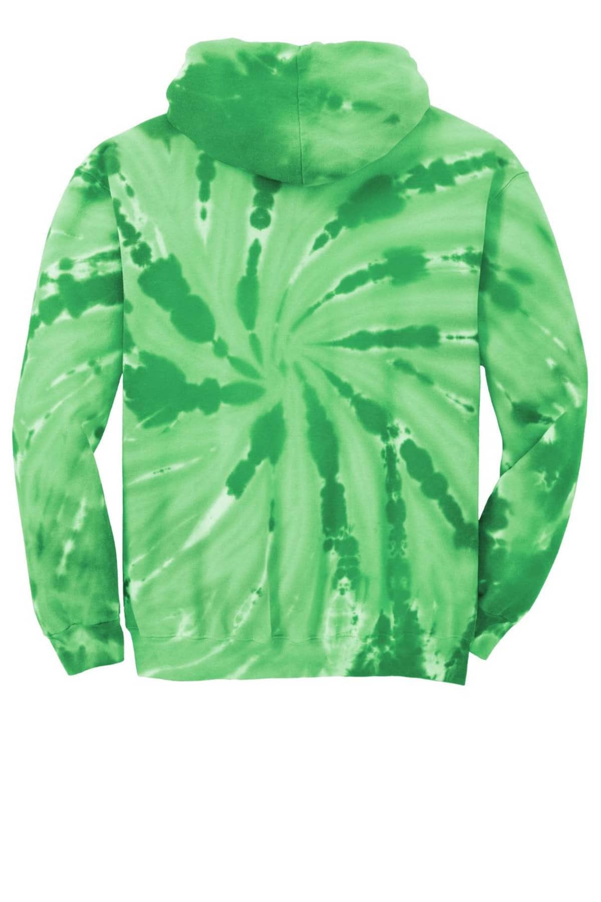 Green tie-dye hoodie with a spiral pattern on the back.