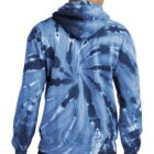 Rear view of a person in a blue tie-dye hoodie and dark jeans.
