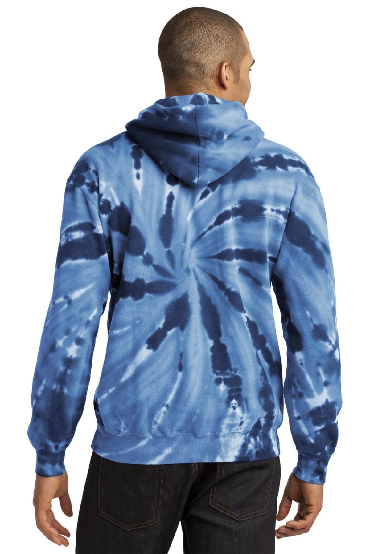 Rear view of a person in a blue tie-dye hoodie and dark jeans.