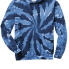 Blue tie-dye hoodie with a spiral pattern and drawstrings.