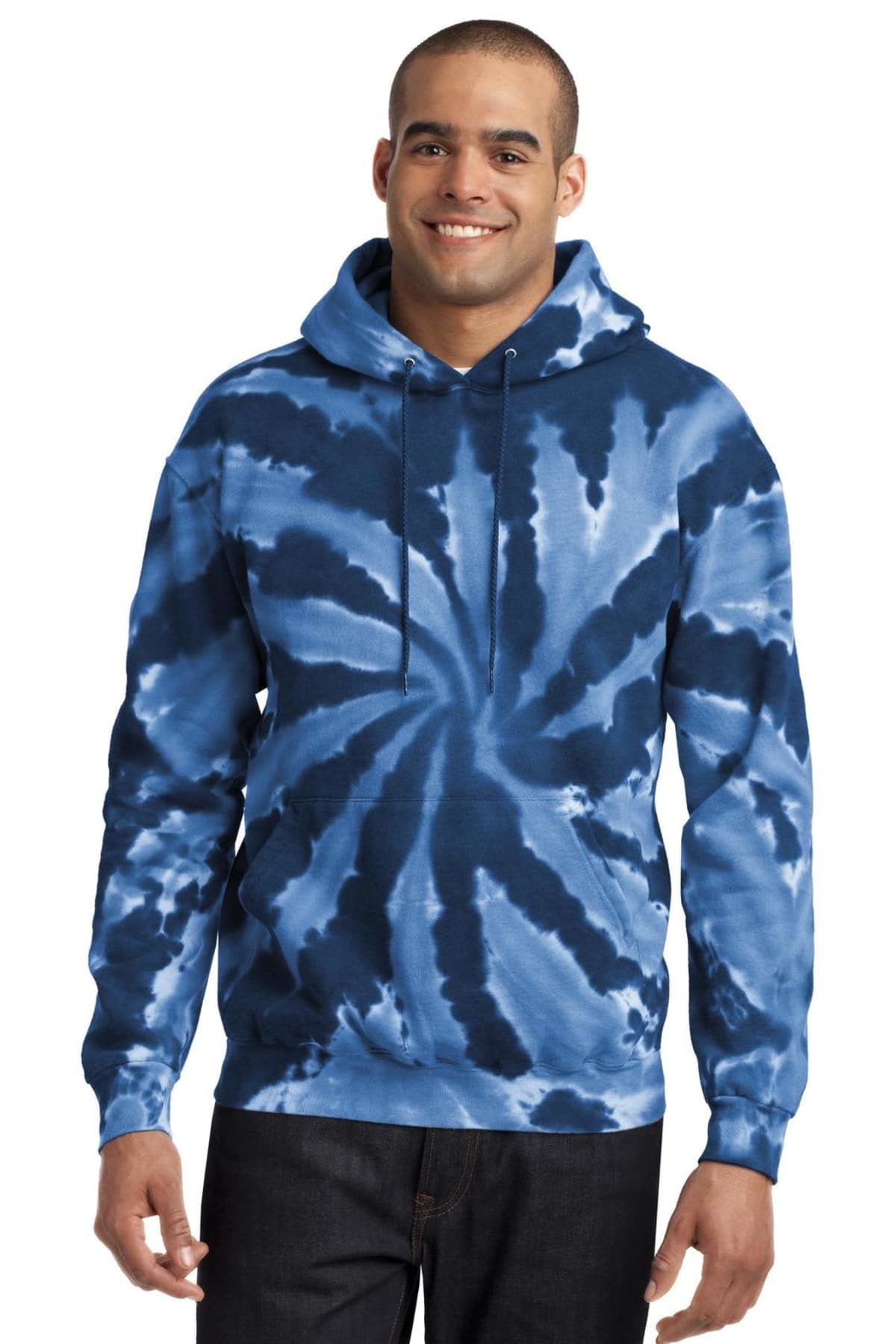 Smiling person wearing a blue tie-dye hoodie and jeans.