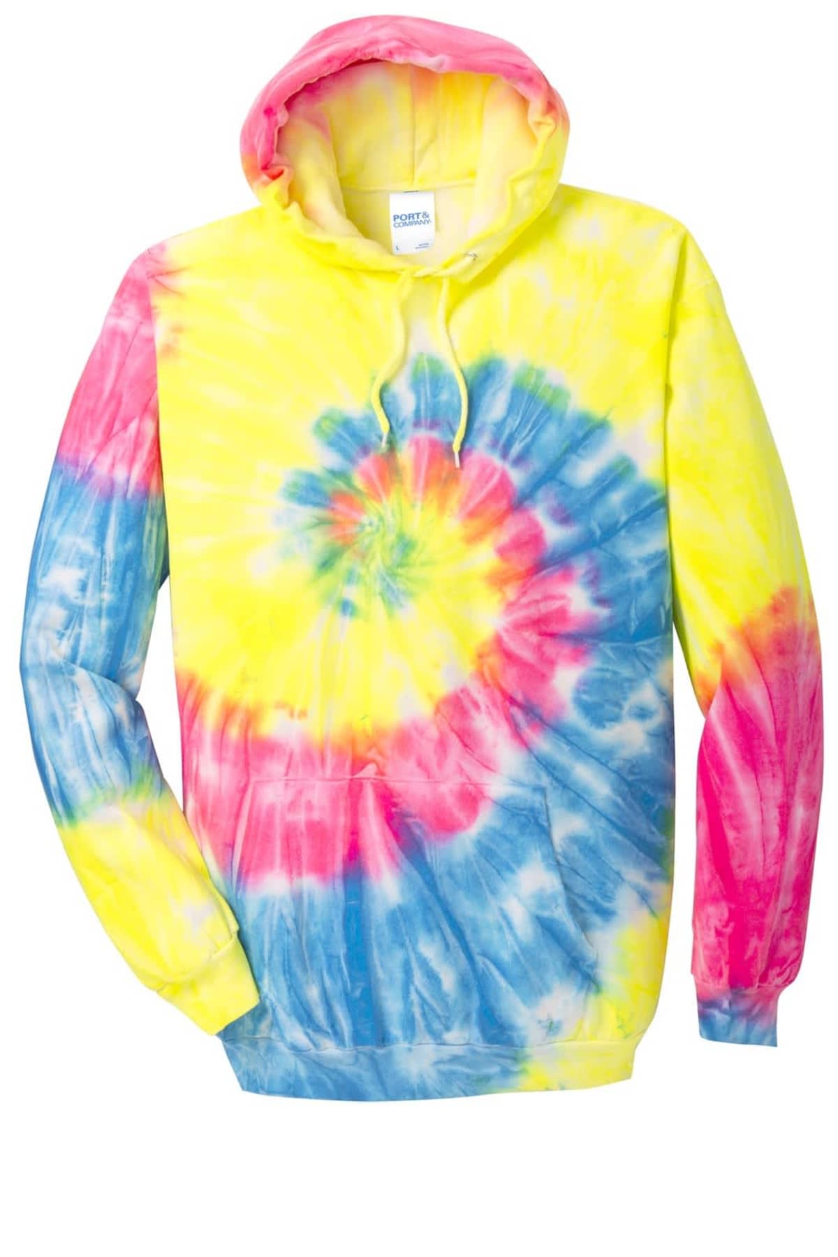 Tie-dye hoodie with yellow, pink, and blue spiral pattern.