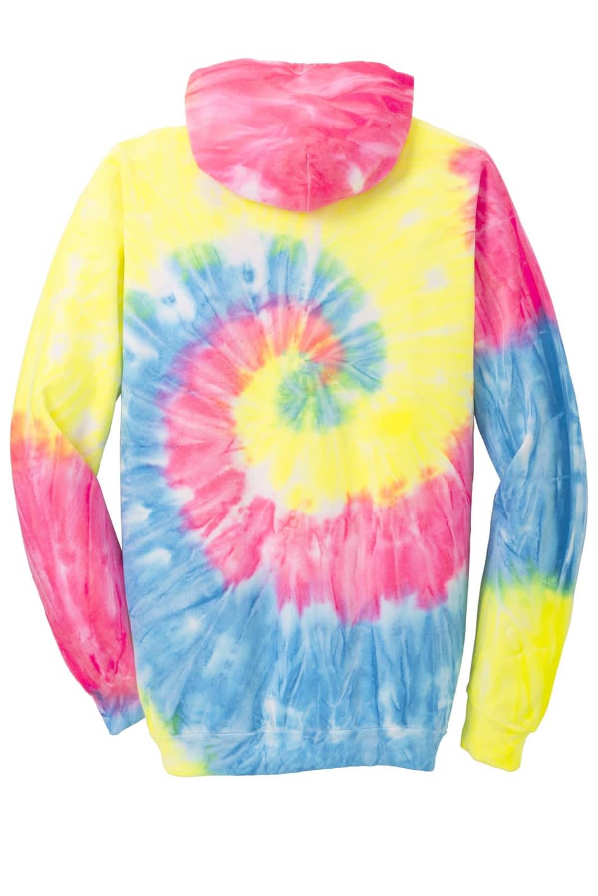 Bright tie-dye hoodie with pink, blue, and yellow spiral pattern.