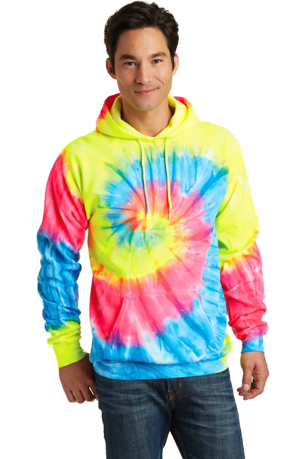 Person in a vibrant tie-dye hoodie with yellow, pink, and blue spiral design.