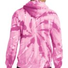 Person wearing a pink tie-dye hoodie, viewed from behind.