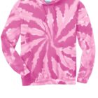 Pink and white tie-dye hoodie with a spiral pattern and drawstrings.