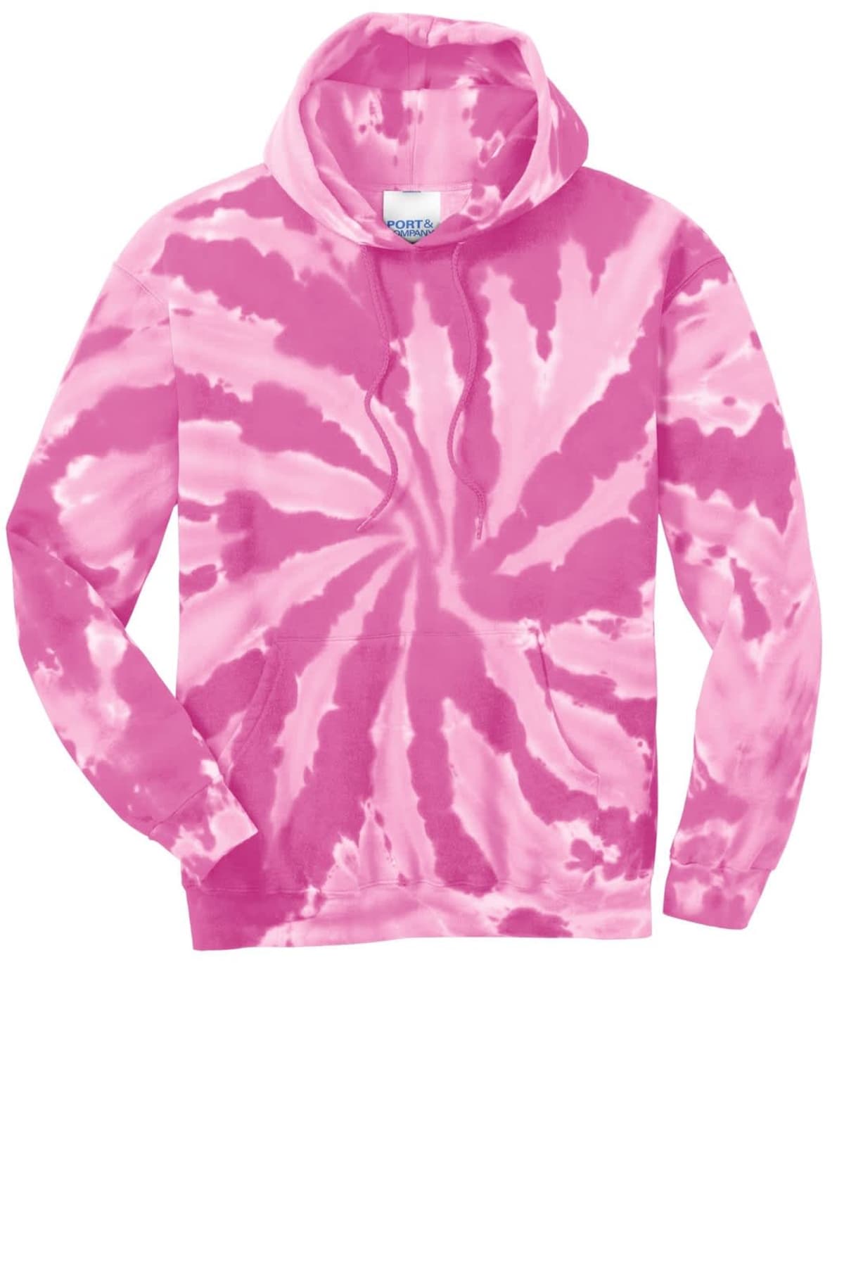 Pink and white tie-dye hoodie with a spiral pattern and drawstrings.