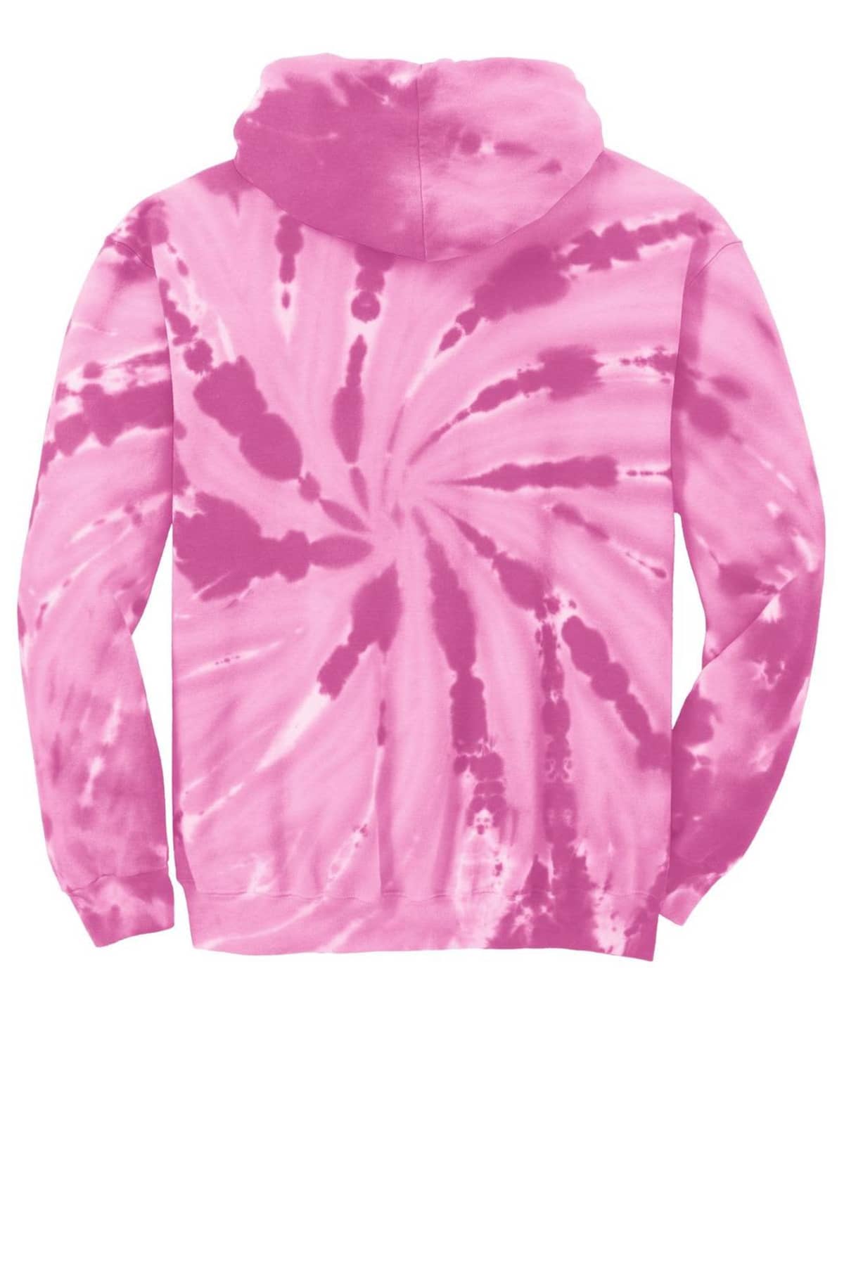 Pink tie-dye hoodie with a spiral pattern on the back.