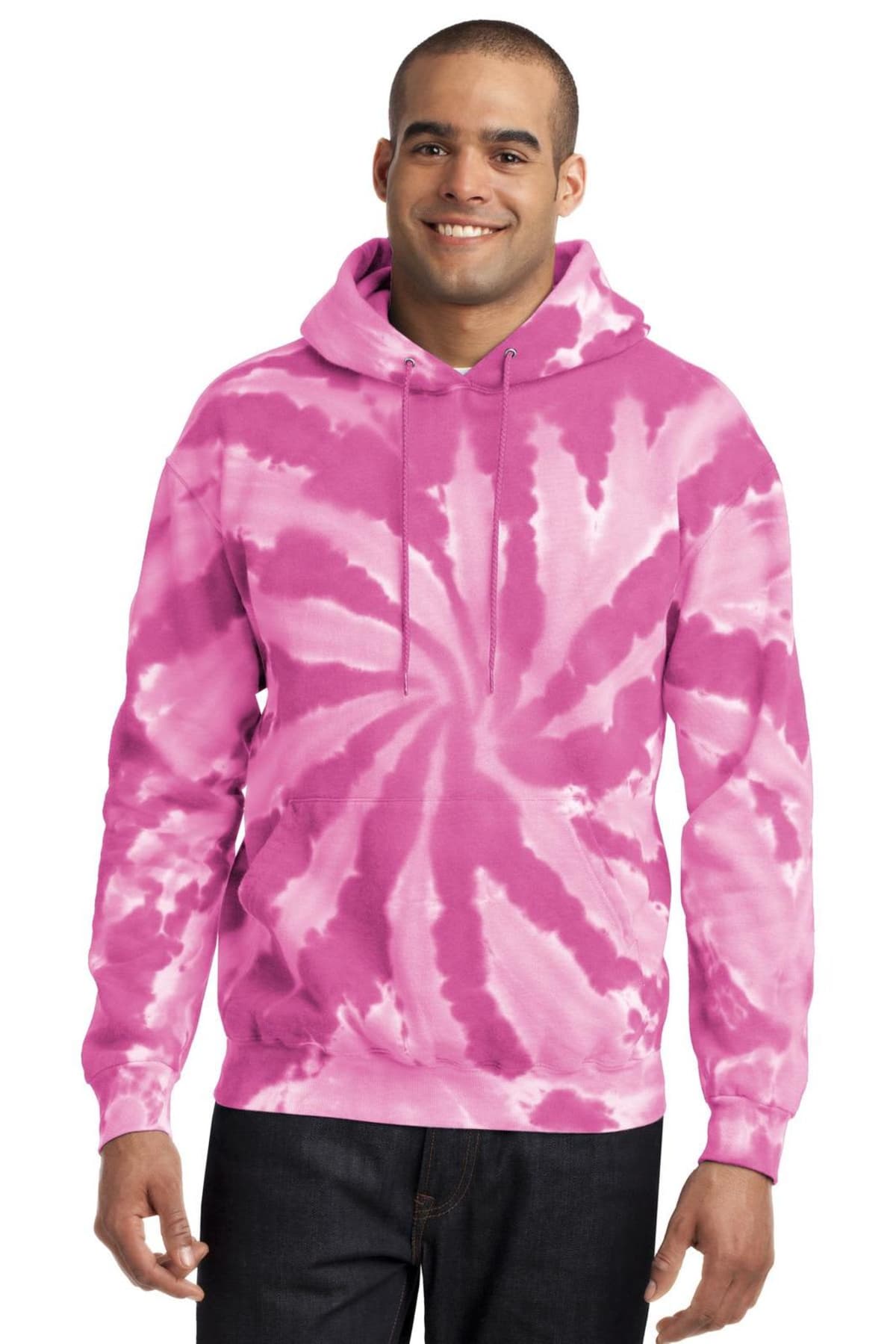 Smiling man wearing a pink tie-dye hoodie and jeans.
