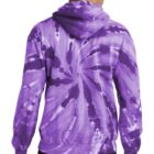 Person wearing a purple tie-dye hoodie, shown from the back.
